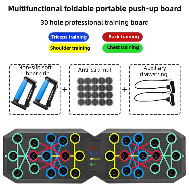 30-Hole Black Foldable Push Up Board with Resistance Bands & Non-Slip Grips