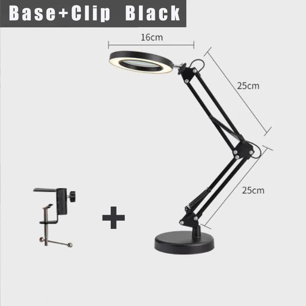 2-in-1 Black LED Magnifier Desk Lamp With Base and Clip - Hands-Free