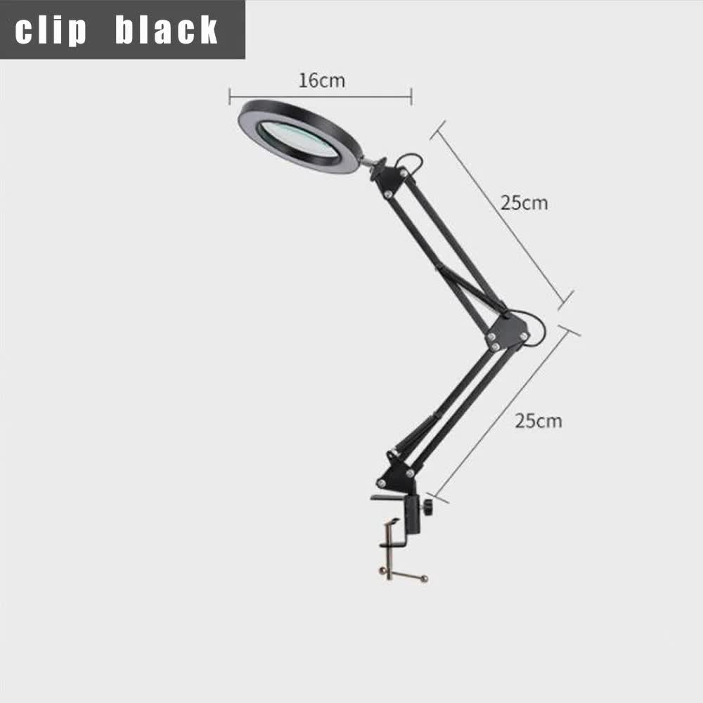 2-in-1 Black LED Magnifier Desk Lamp With Clip - Hands-Free