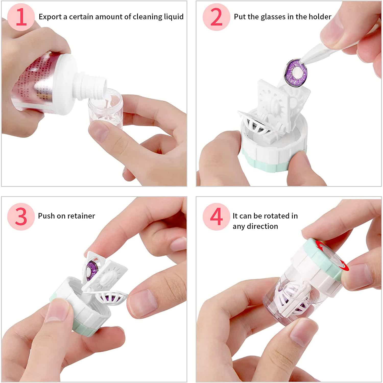 4-PCS Pink Manual Rotation Contact Lens Cleaner Case - Portable Cosmetic view 4