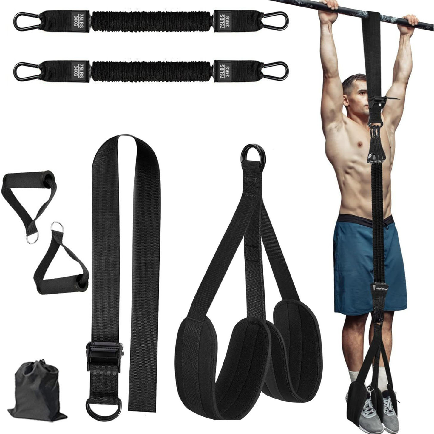Black (150lb)Heavy Duty Pull-Up Assist Strap System With Foam Handles