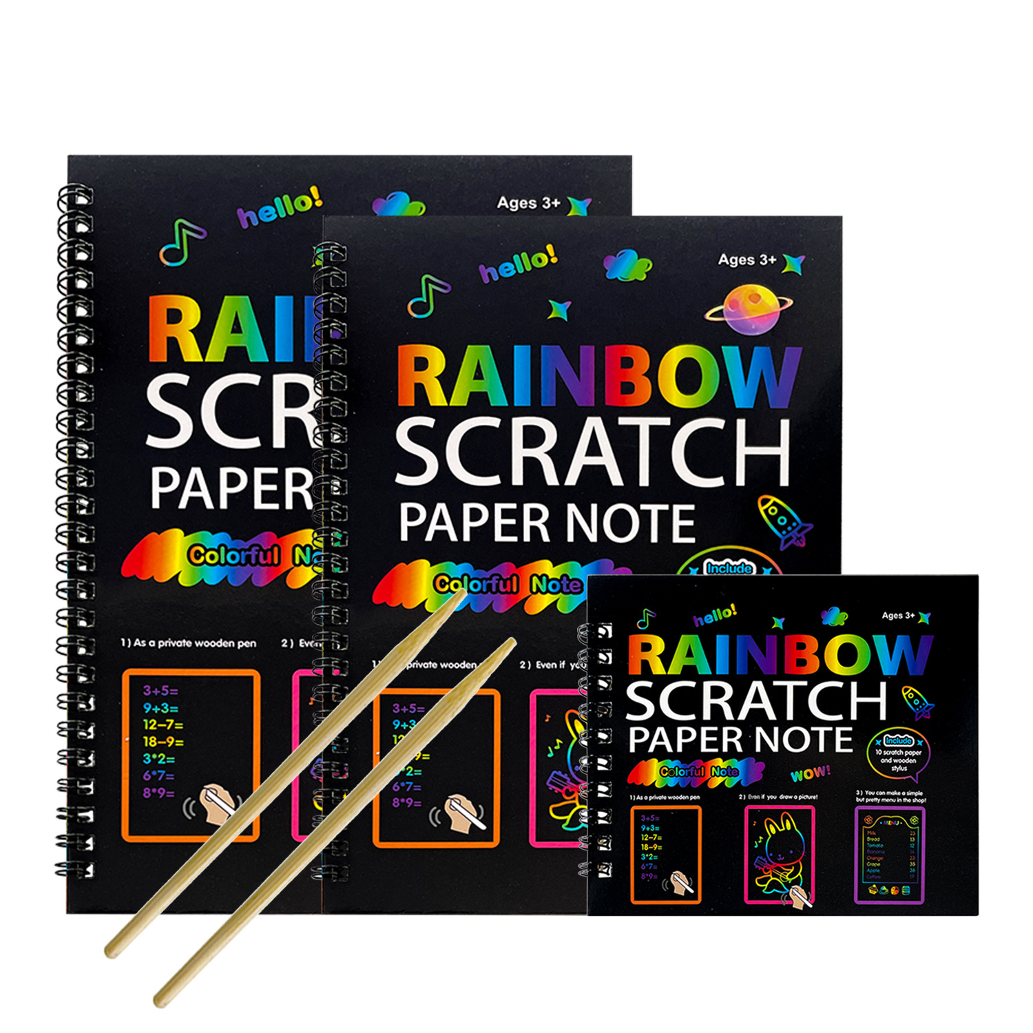 3-Pack DIY Rainbow Scratch Art Books Set - Neon Black Scratch Paper for Kids
