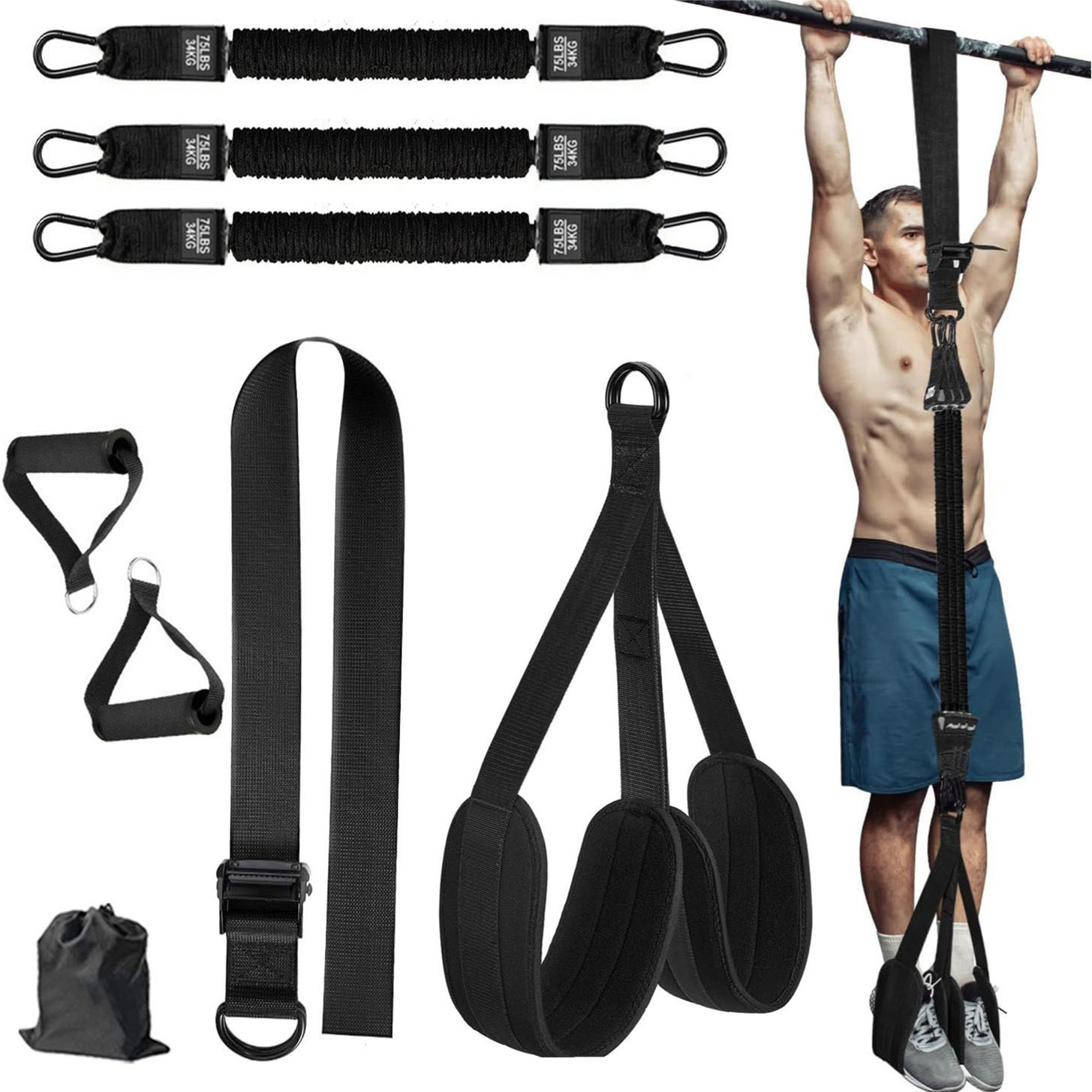 Black (225lb)Heavy Duty Pull-Up Assist Strap System With Foam Handles