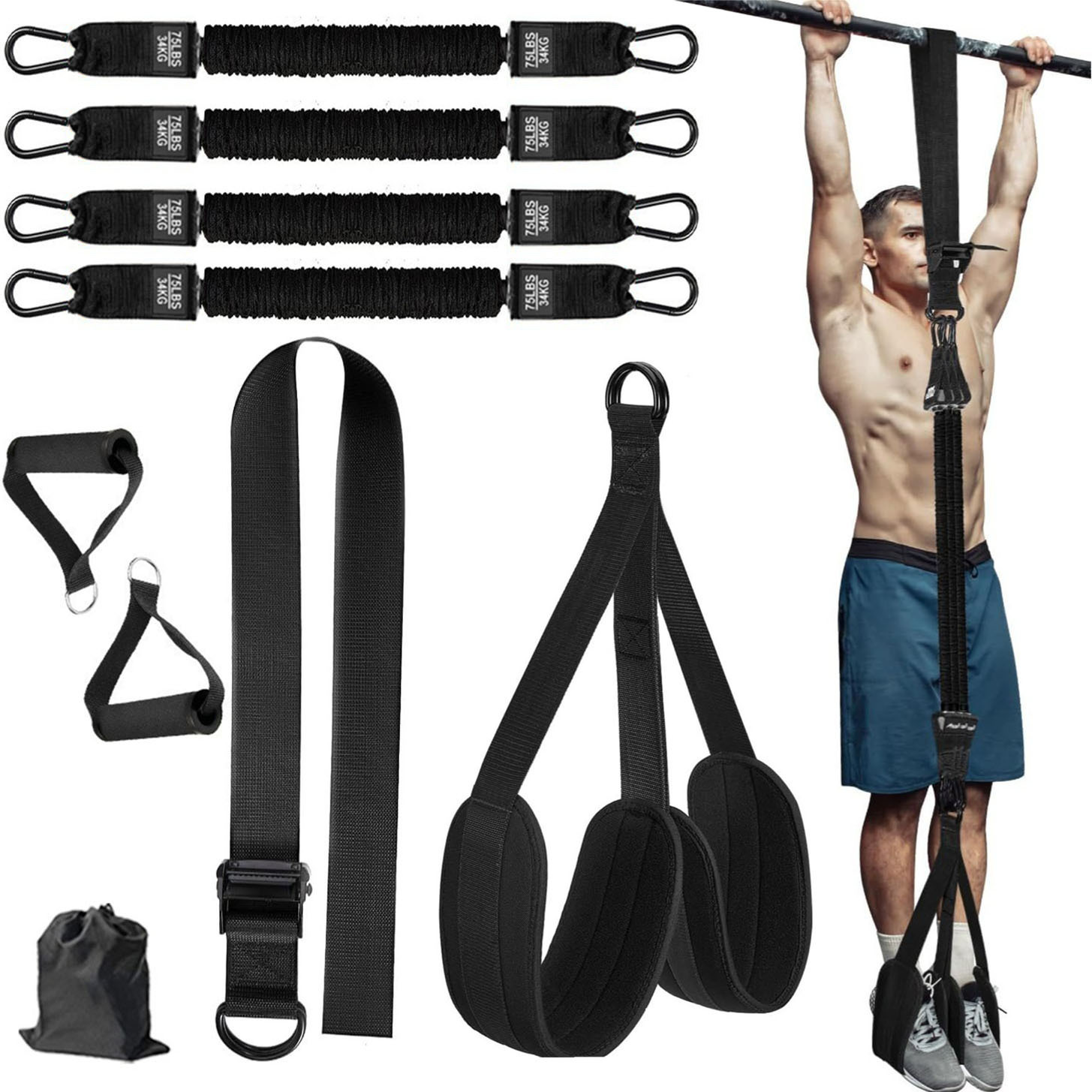 Black (300lb)Heavy Duty Pull-Up Assist Strap System With Foam Handles