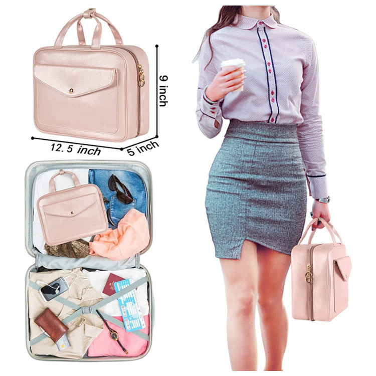 Pink Portable Large Hanging Womens' Luxury PU Leather Cosmetic Bag view 7