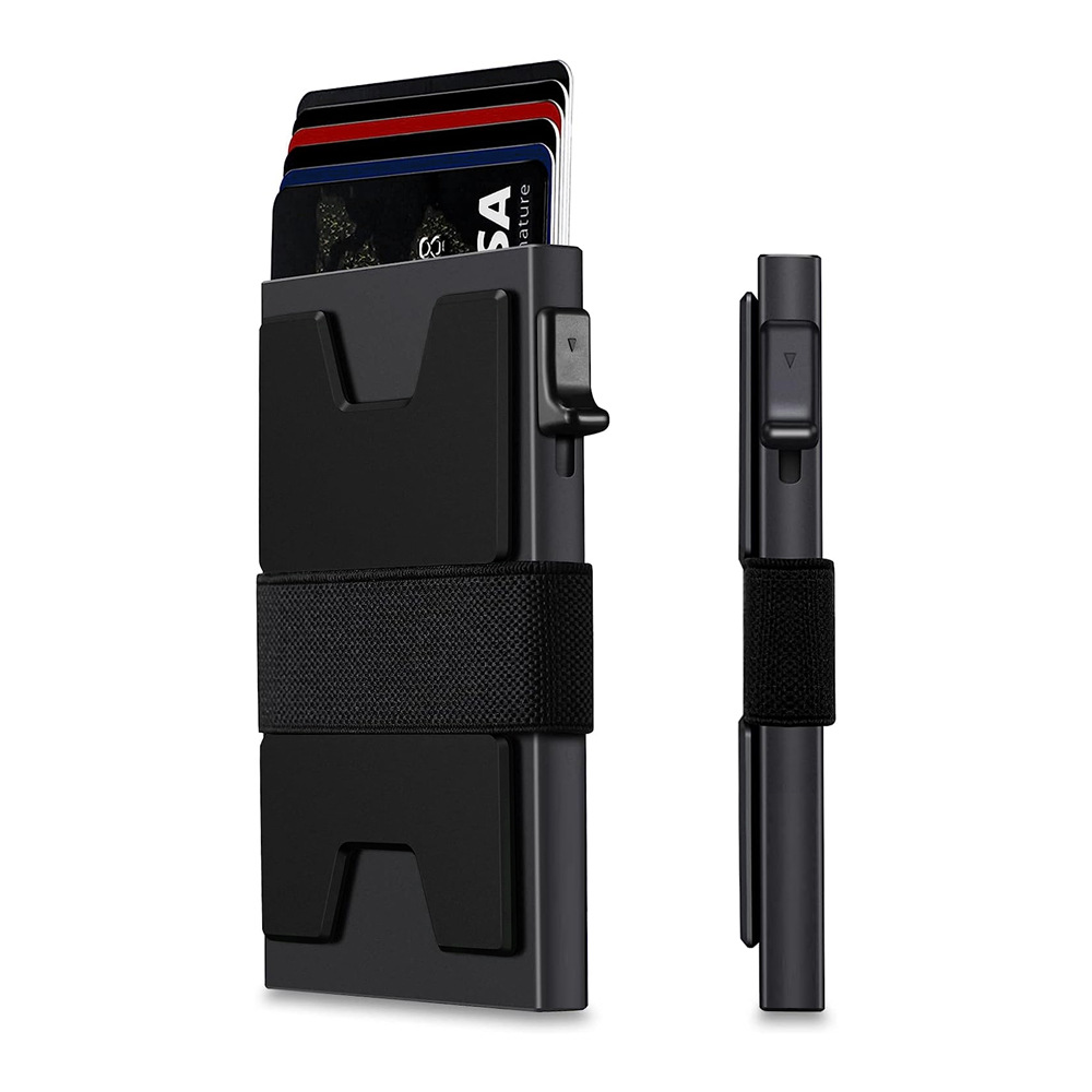 2-Pack Black Metal Thin Slim Men Women Pop Up Wallet (10.1 x 6.9 x 1.7 cm)