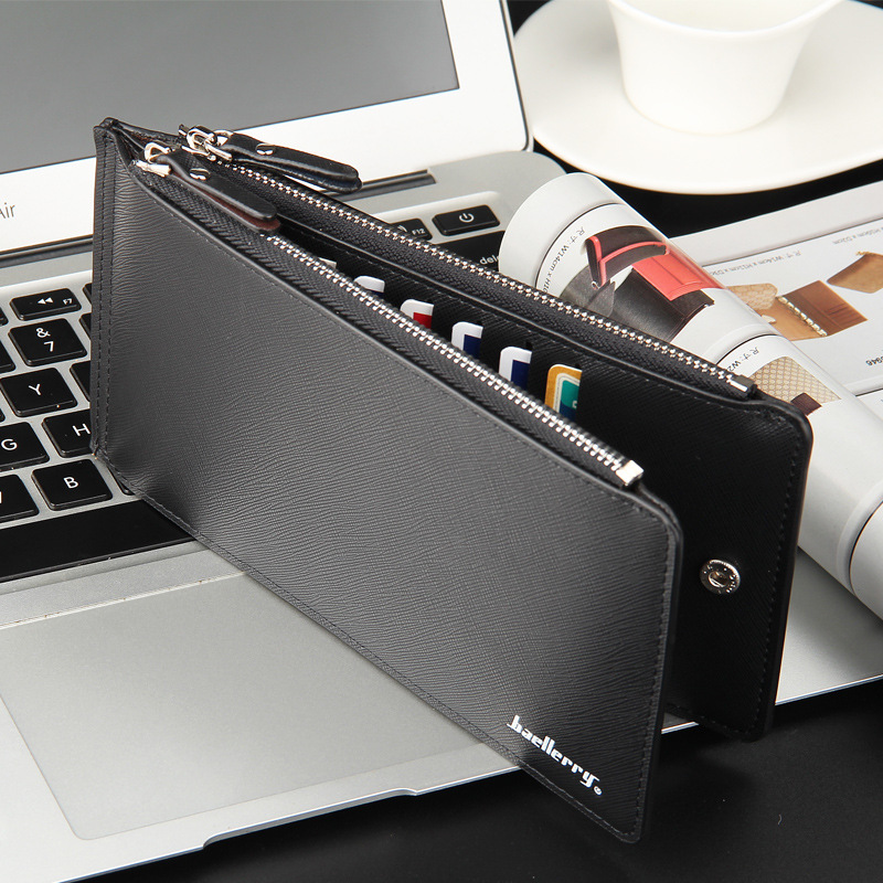 Black Men's Slim Long Bi-Fold Wallet - Multi-Card Holder & Credit Card