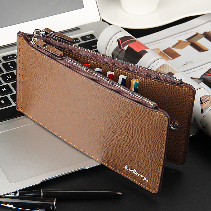 Brown Men's Slim Long Bi-Fold Wallet - Multi-Card Holder & Credit Card