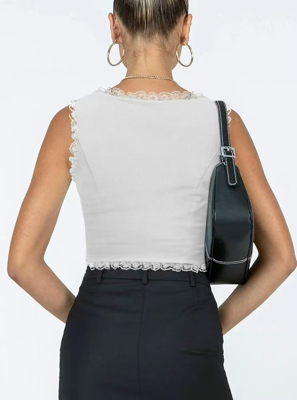 2-Pack White French Vintage Lace Splice Camisole(S Size) - Slim Fit Halter Top view 3