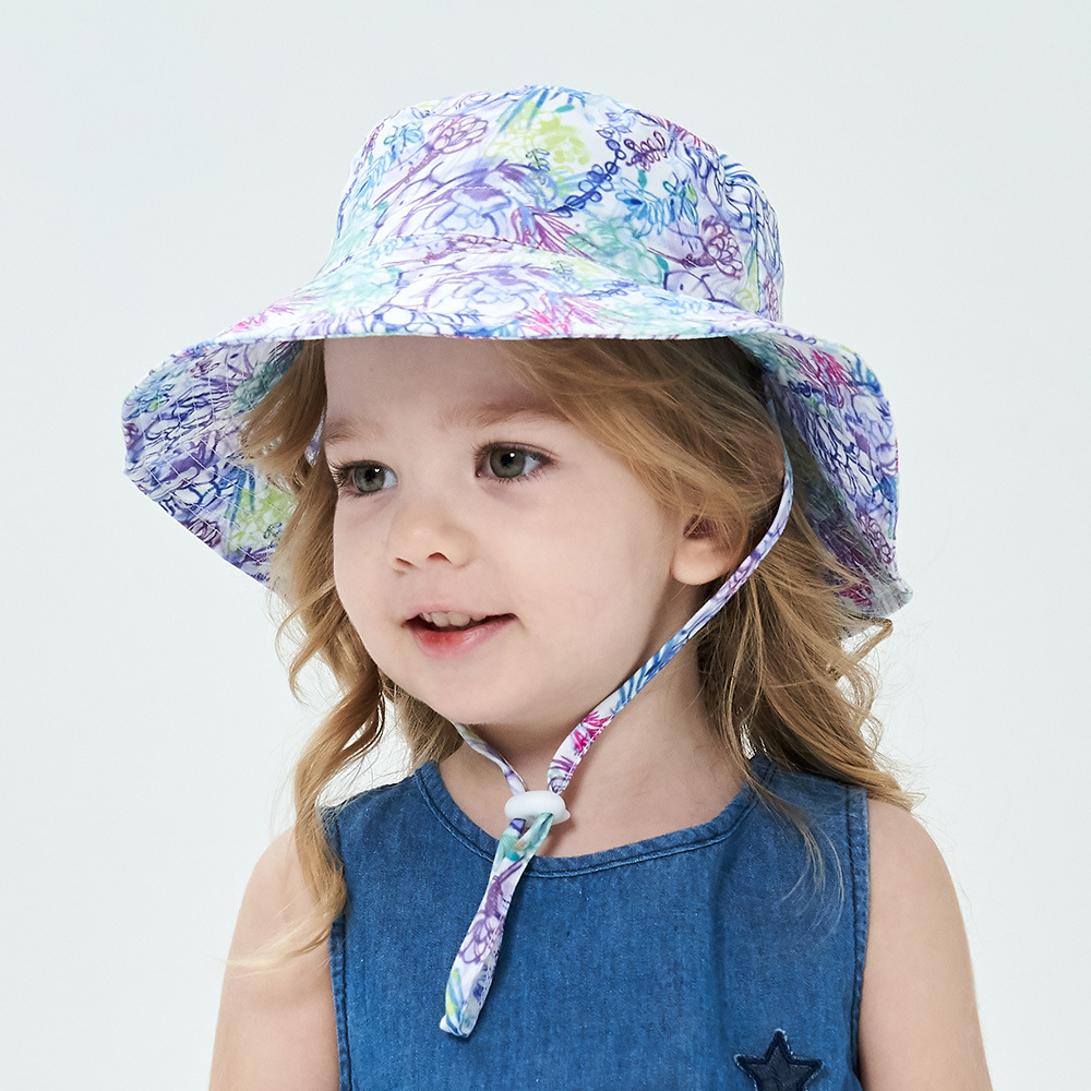 2-Pack Purple Flower Pattern Kids Sun Hat and Travel Beach Fisherman Cap(S