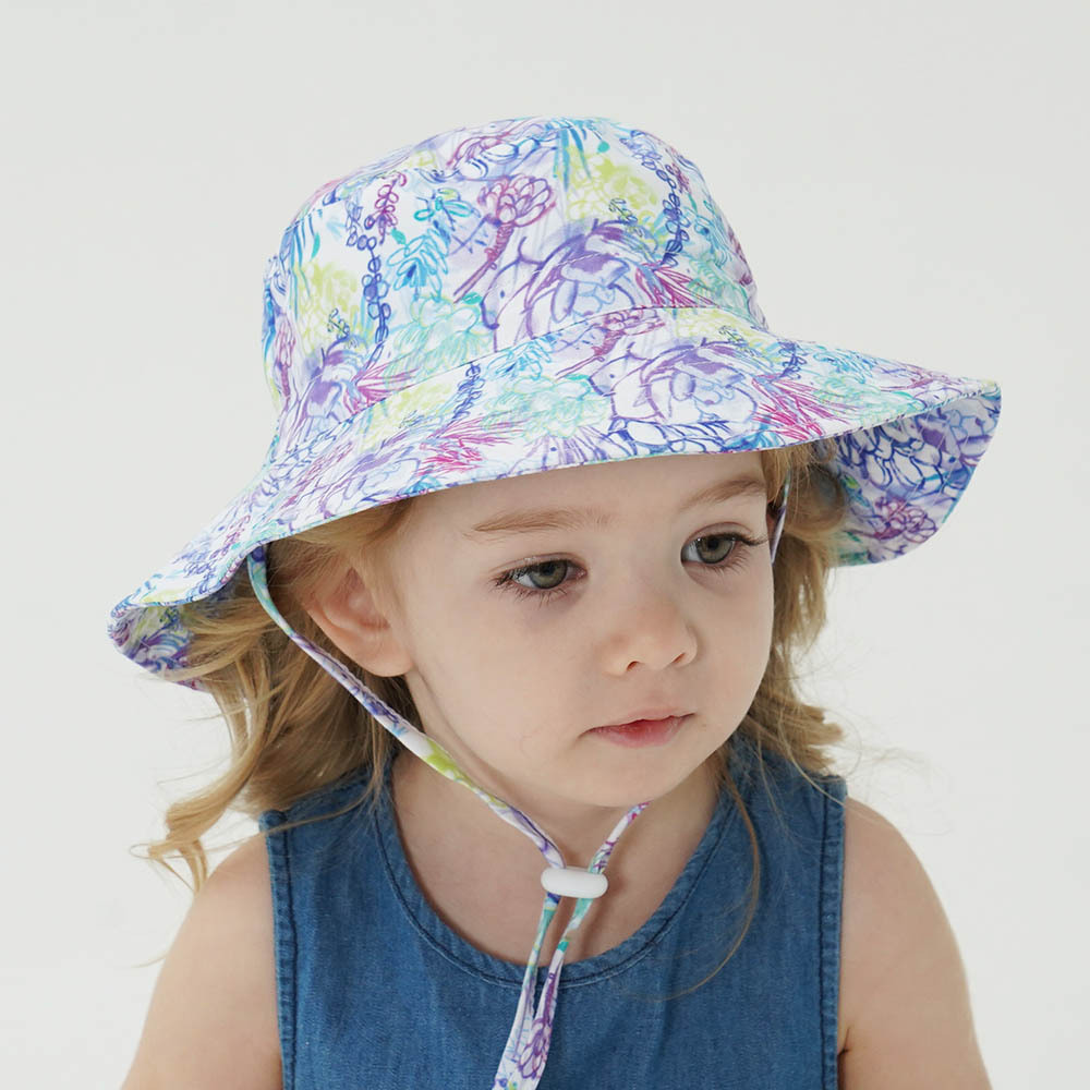 2-Pack Purple Flower Pattern Kids Sun Hat and Travel Beach Fisherman Cap(S view 2