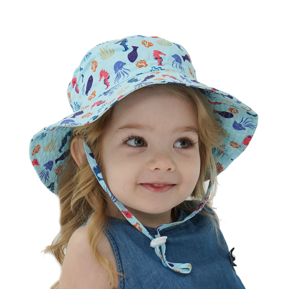 2-Pack Blue Seahorse Pattern Kids Sun Hat and Travel Beach Fisherman Cap(S view 3
