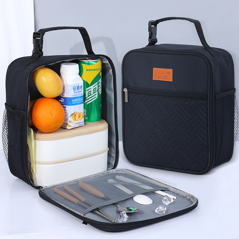 2-Pack Plaid Pattern Insulated Lunch Bag Set(Black & White) - Oxford Cloth view 5