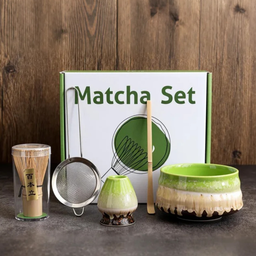 Gradient Green Ceremony 5-Piece Matcha Ceramic Tool Set - Gift Box with Whisk