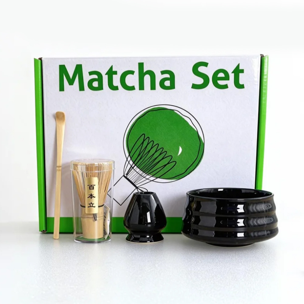 Black Ceremony 4-Piece Matcha Ceramic Tool Set - Gift Box with Whisk (Chasen)