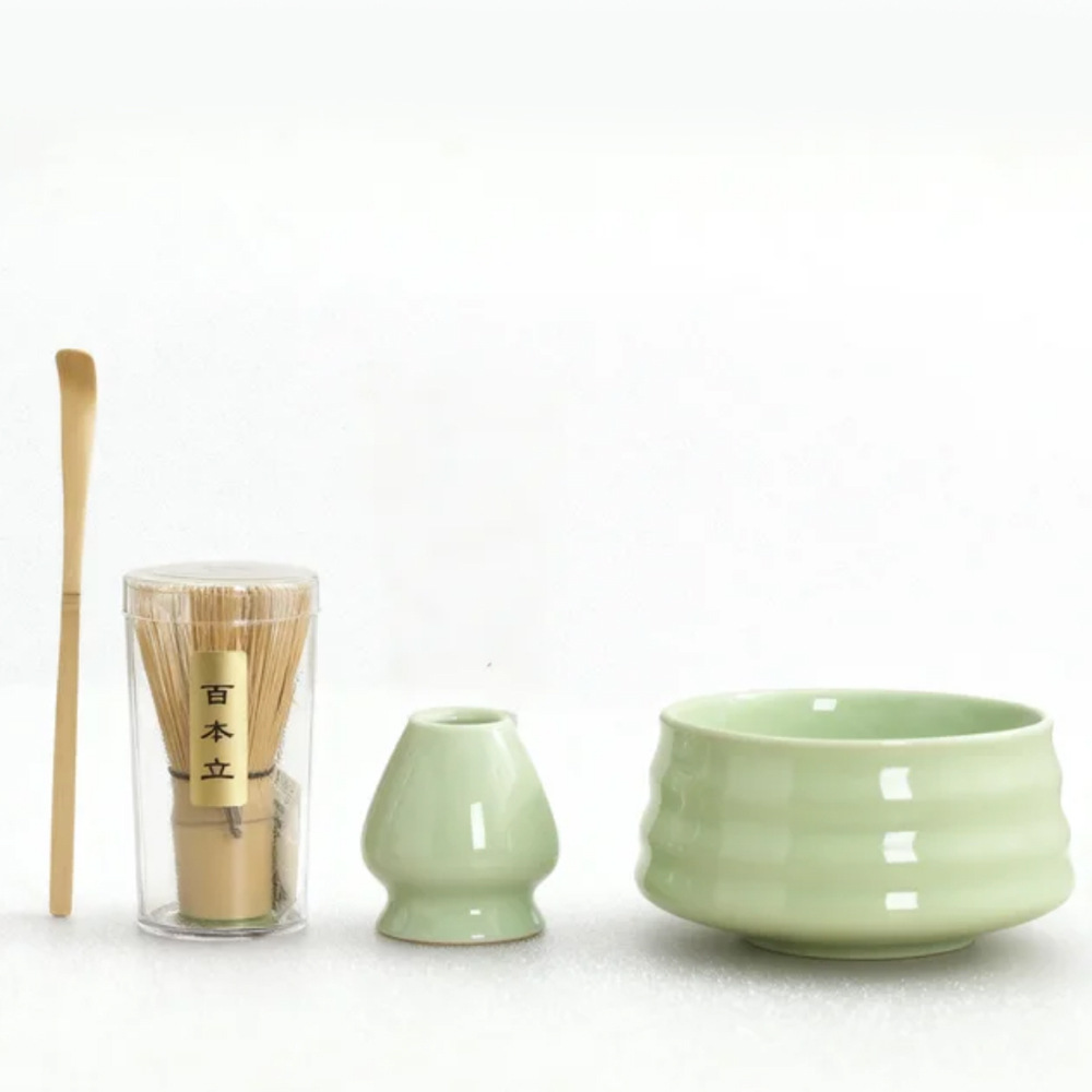 Green Ceremony 4-Piece Matcha Ceramic Tool Set - Gift Box with Whisk (Chasen)