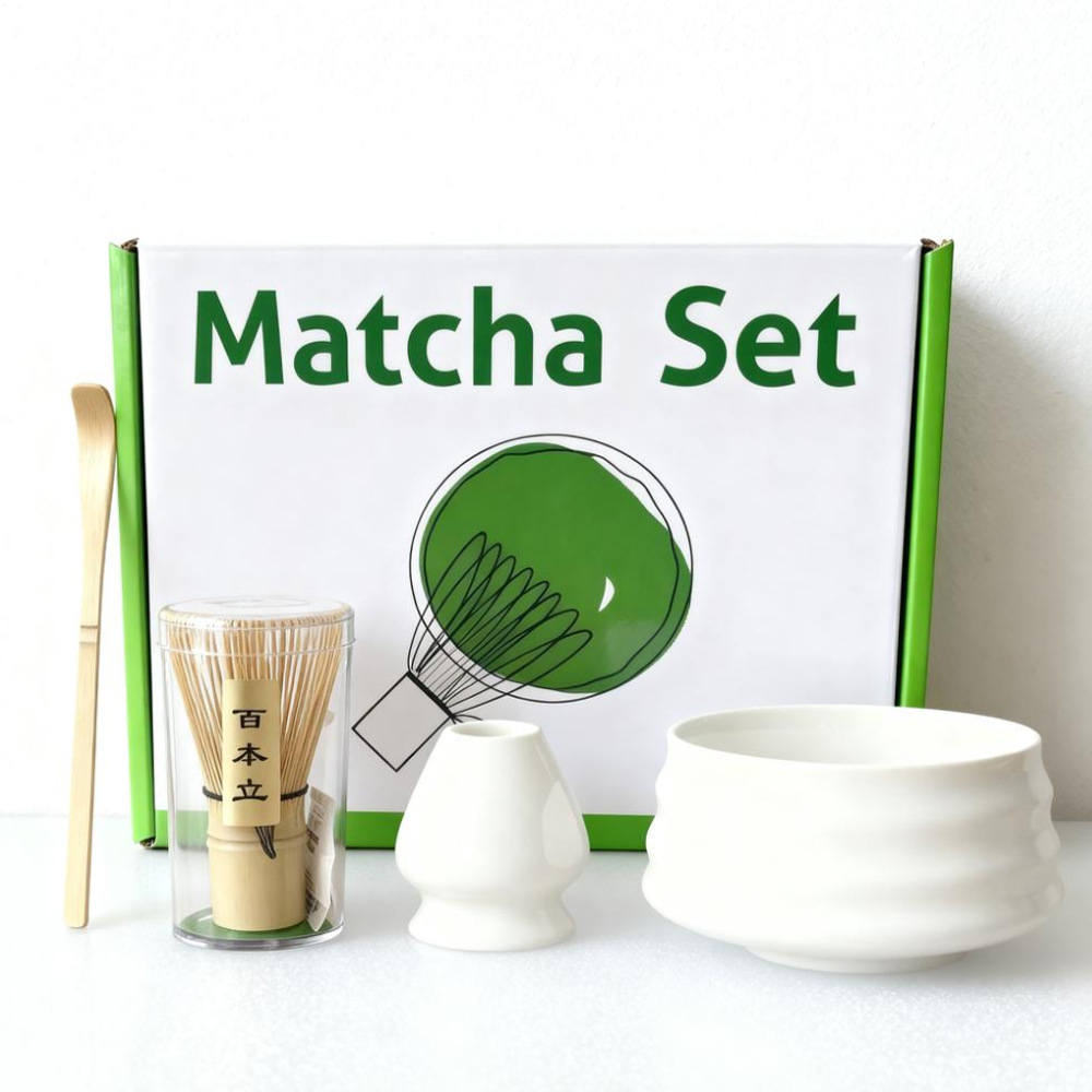 White Ceremony 4-Piece Matcha Ceramic Tool Set - Gift Box with Whisk (Chasen)