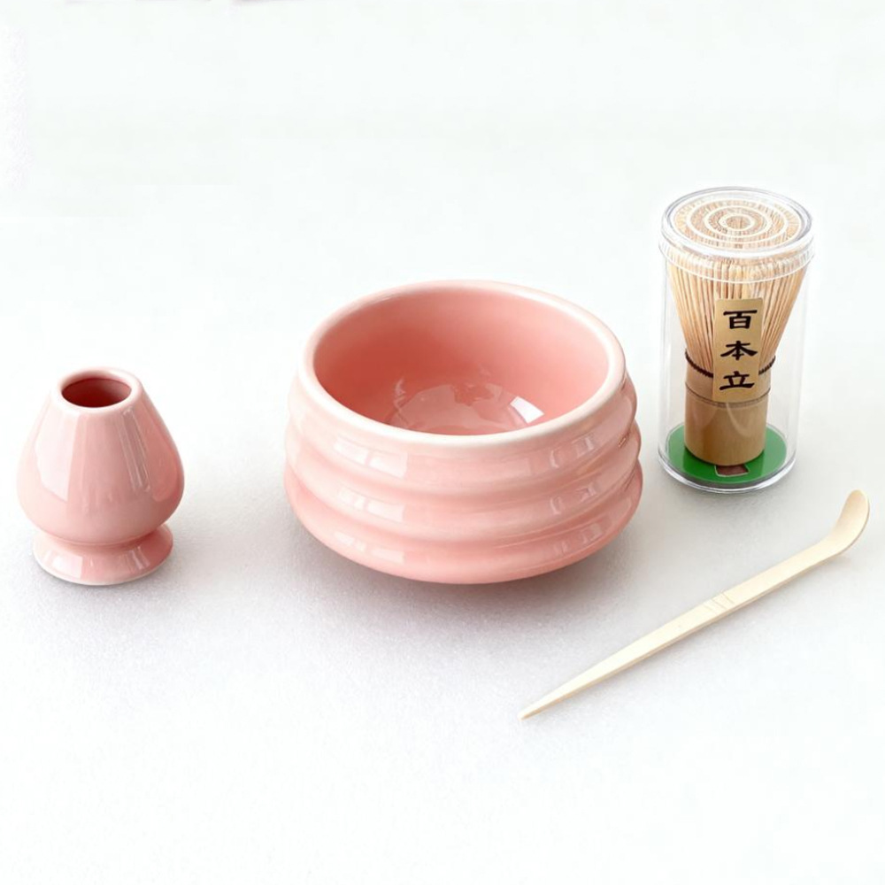 Pink Ceremony 4-Piece Matcha Ceramic Tool Set - Gift Box with Whisk (Chasen)