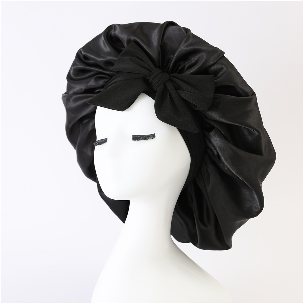 2-Pack Black Satin Bonnet with Wide Band and Bow Tie - Hair Care Sleep Cap and