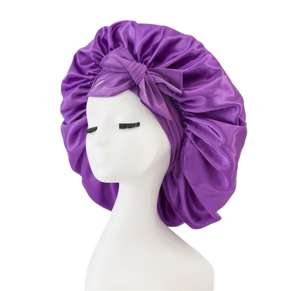 2-Pack Purple Satin Bonnet with Wide Band and Bow Tie - Hair Care Sleep Cap