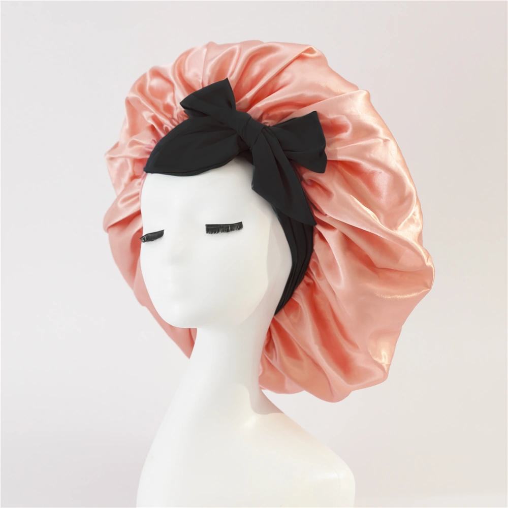 2-Pack Rose Pink Satin Bonnet with Wide Band and Bow Tie - Hair Care Sleep Cap