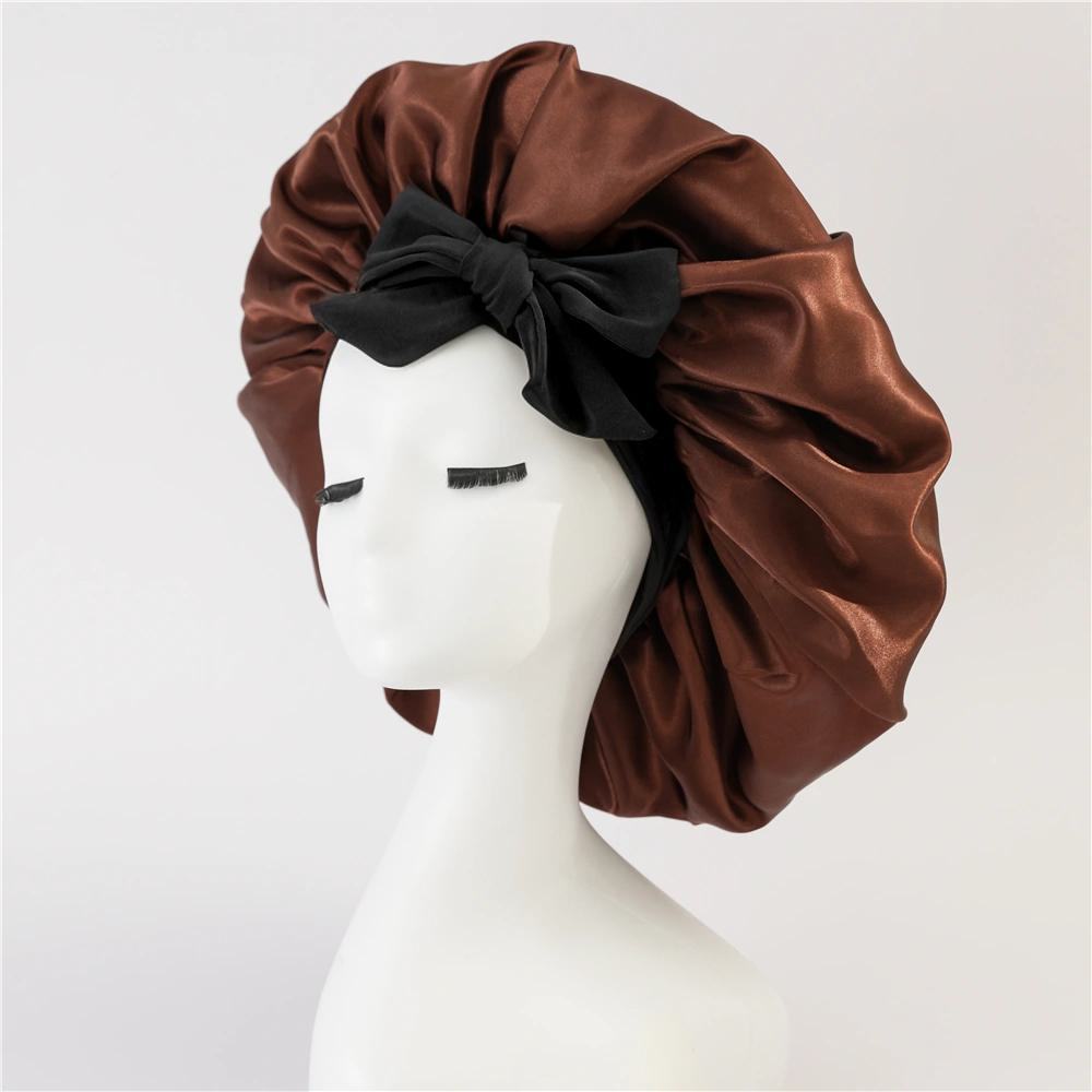 2-Pack Brown Satin Bonnet with Wide Band and Bow Tie - Hair Care Sleep Cap and