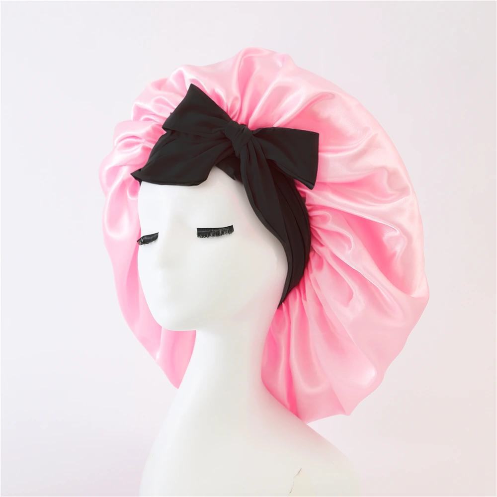 2-Pack Pink Satin Bonnet with Wide Band and Bow Tie - Hair Care Sleep Cap and