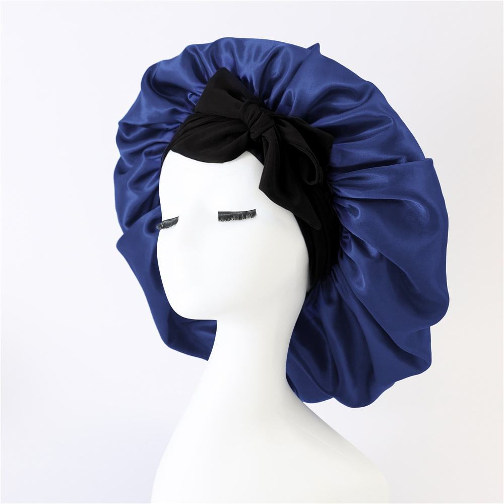 2-Pack Blue Satin Bonnet with Wide Band and Bow Tie - Hair Care Sleep Cap and