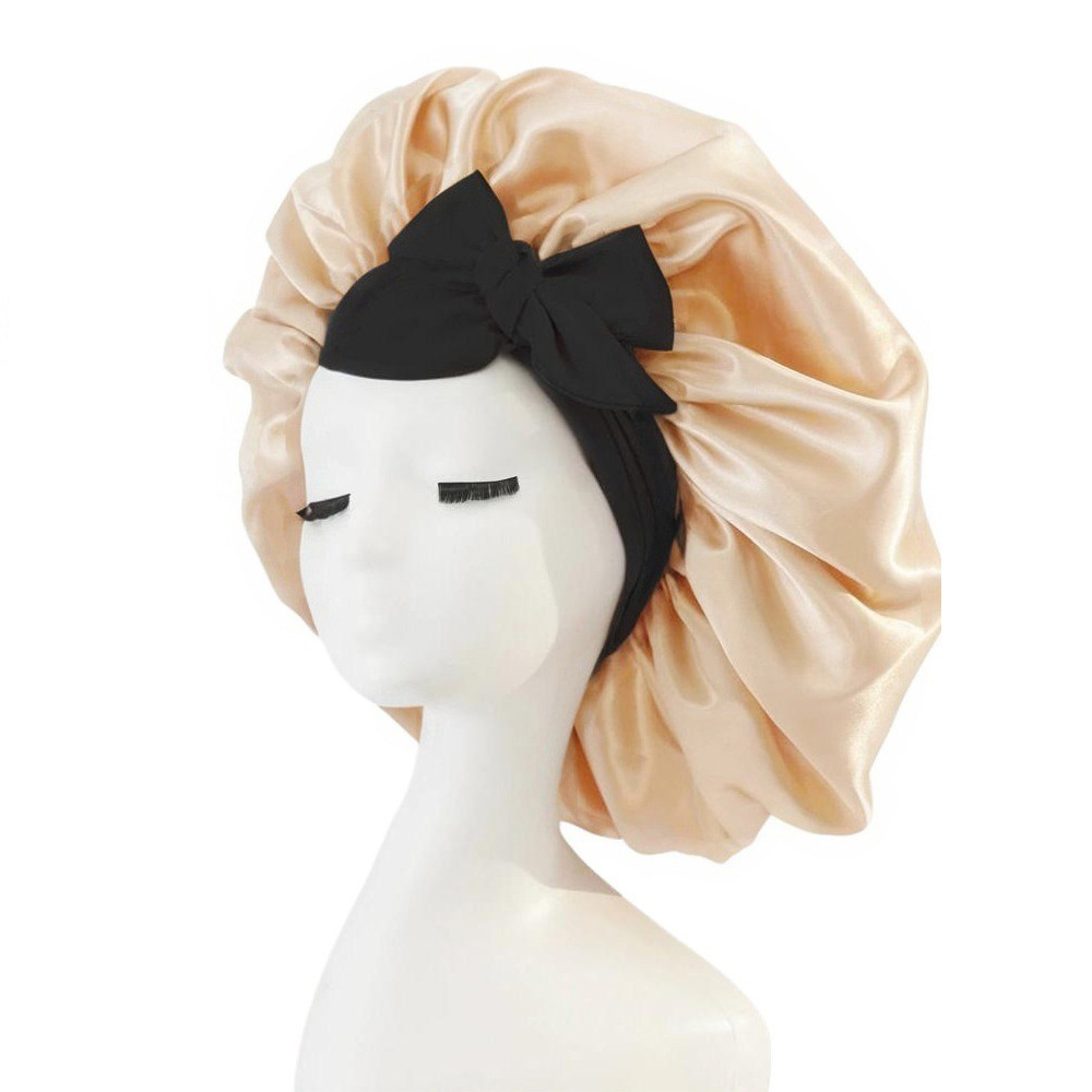 2-Pack Khaki Satin Bonnet with Wide Band and Bow Tie - Hair Care Sleep Cap and