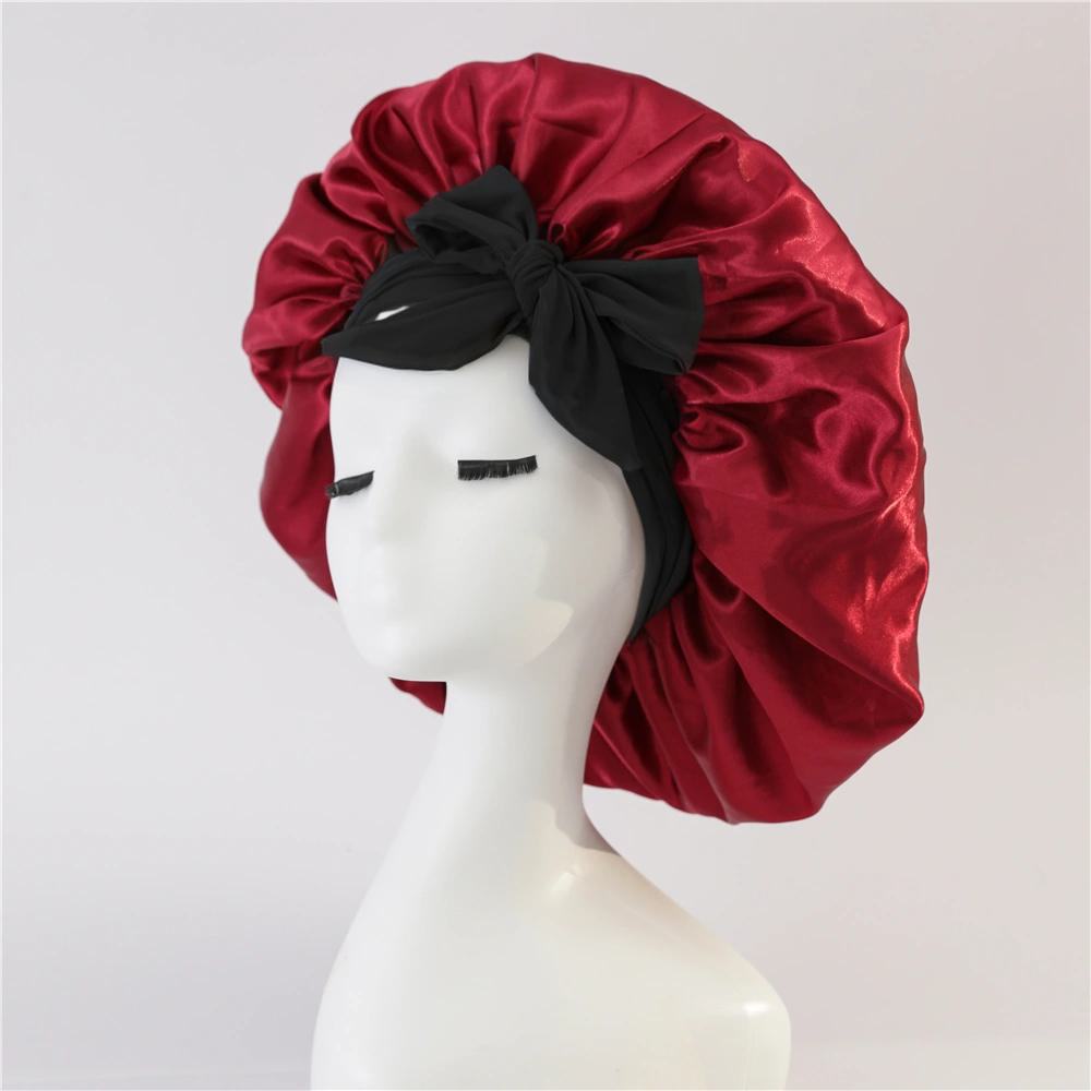 2-Pack Wine Red Satin Bonnet with Wide Band and Bow Tie - Hair Care Sleep Cap