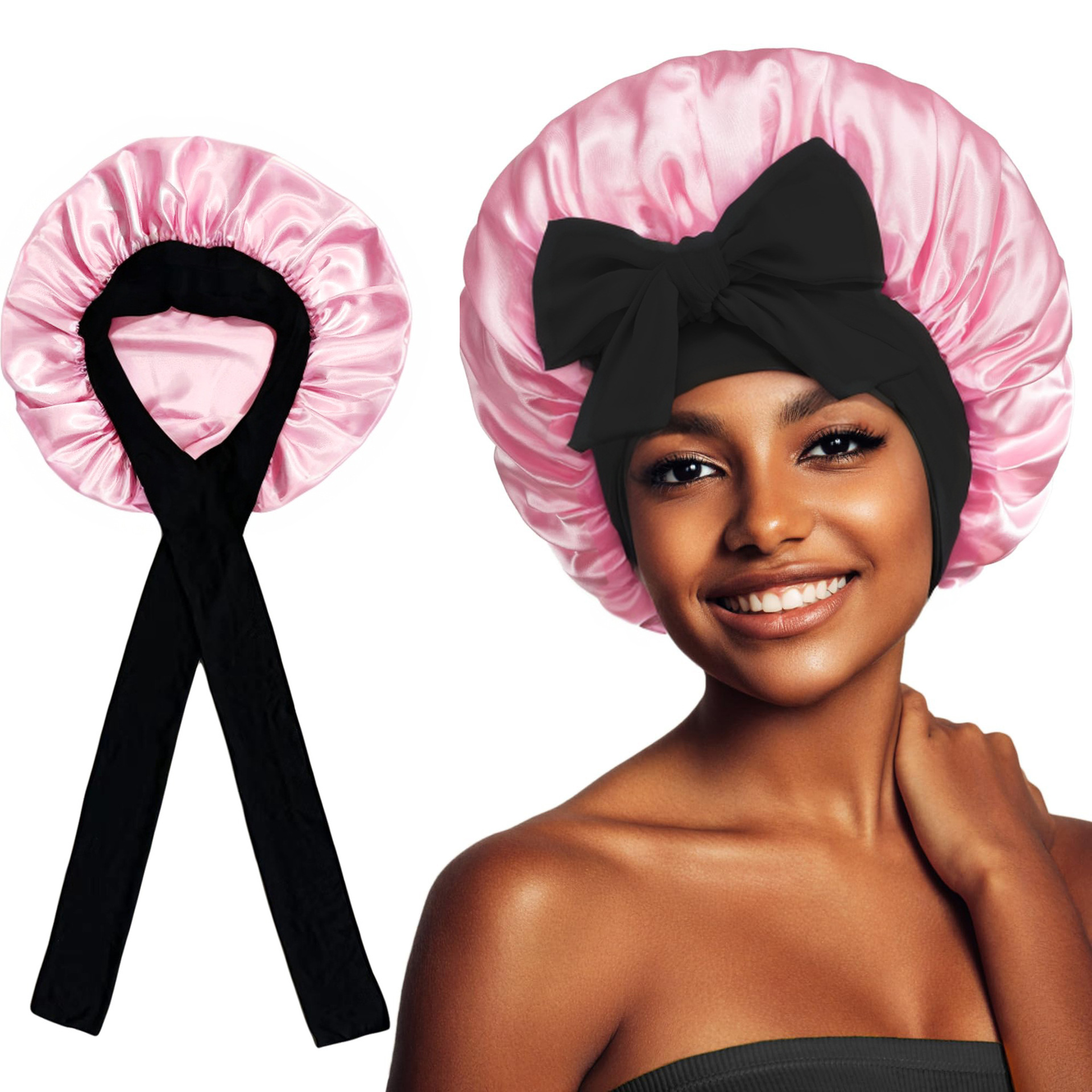 2-Pack Wine Red Satin Bonnet with Wide Band and Bow Tie - Hair Care Sleep Cap view 3