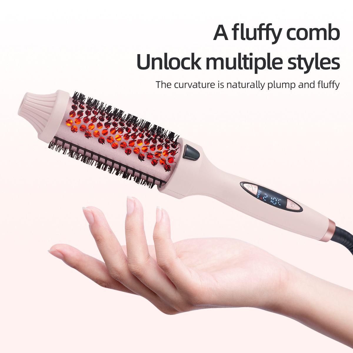2-in-1 Pink Volumizing Hair Straightening Brush & Curling Iron - Tourmaline view 3