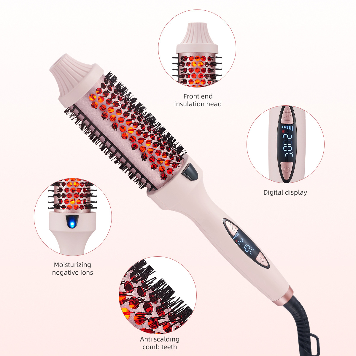 2-in-1 Pink Volumizing Hair Straightening Brush & Curling Iron - Tourmaline view 5