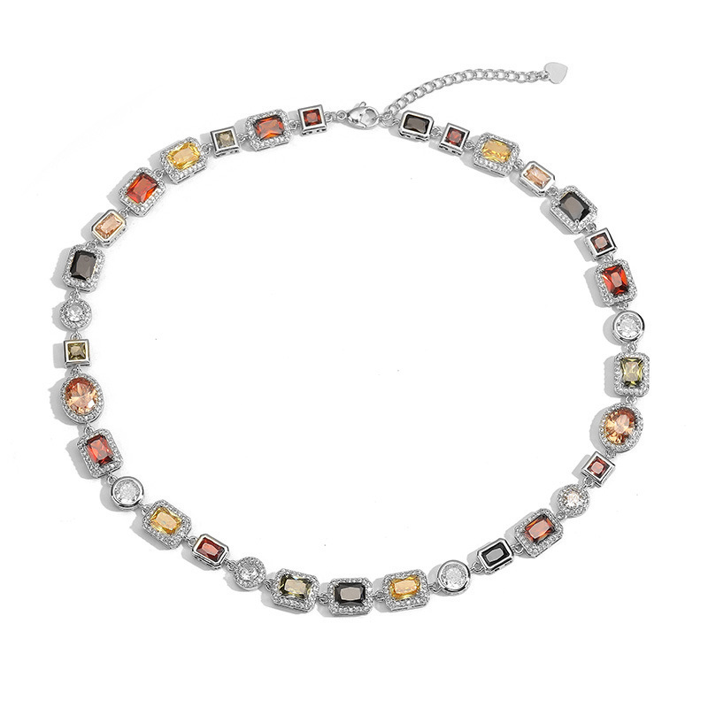 White-Gold Vintage Light Luxury Geometric Colorful Gemstone Choker Necklace
