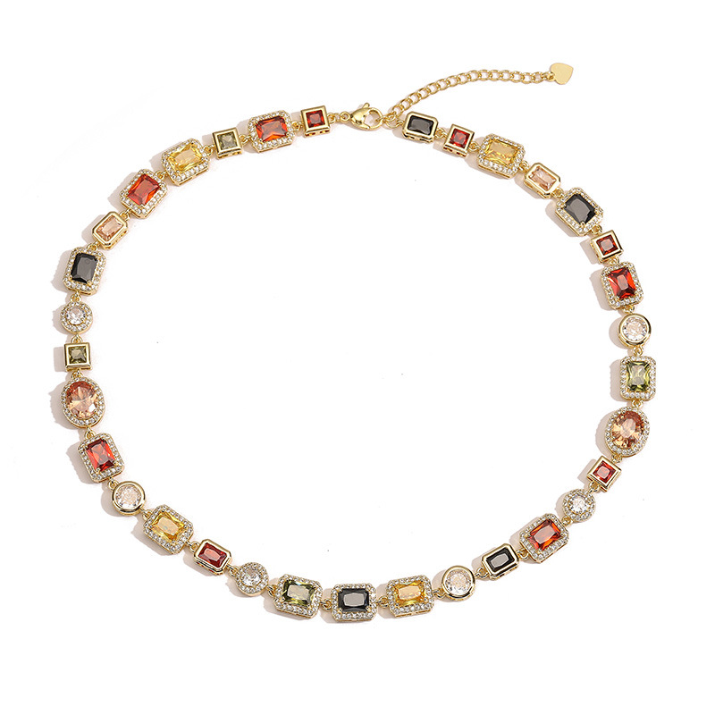 Gold Vintage Light Luxury Geometric Colorful Gemstone Choker Necklace (L