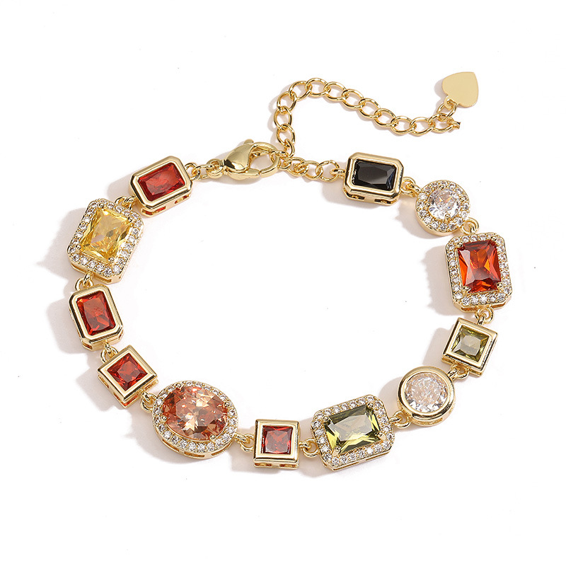 Gold Elegant Light Luxury Geometric Colorful Gemstone Bracelet (L: 16-21CM)