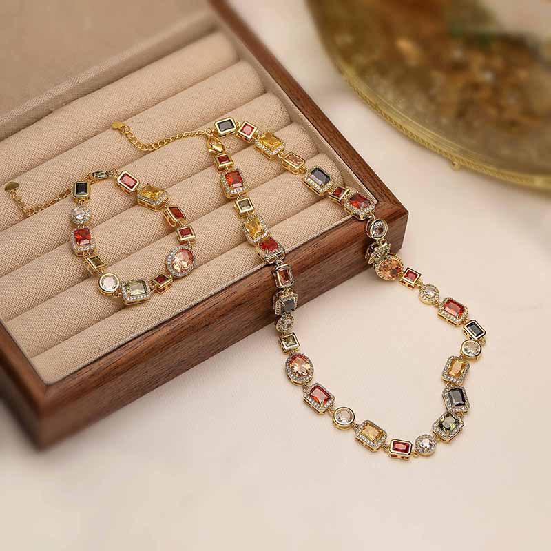 Gold Elegant Light Luxury Geometric Colorful Gemstone Bracelet (L: 16-21CM) view 2
