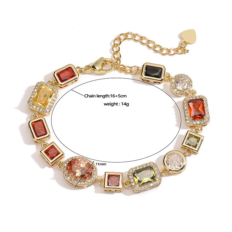 Gold Elegant Light Luxury Geometric Colorful Gemstone Bracelet (L: 16-21CM) view 3