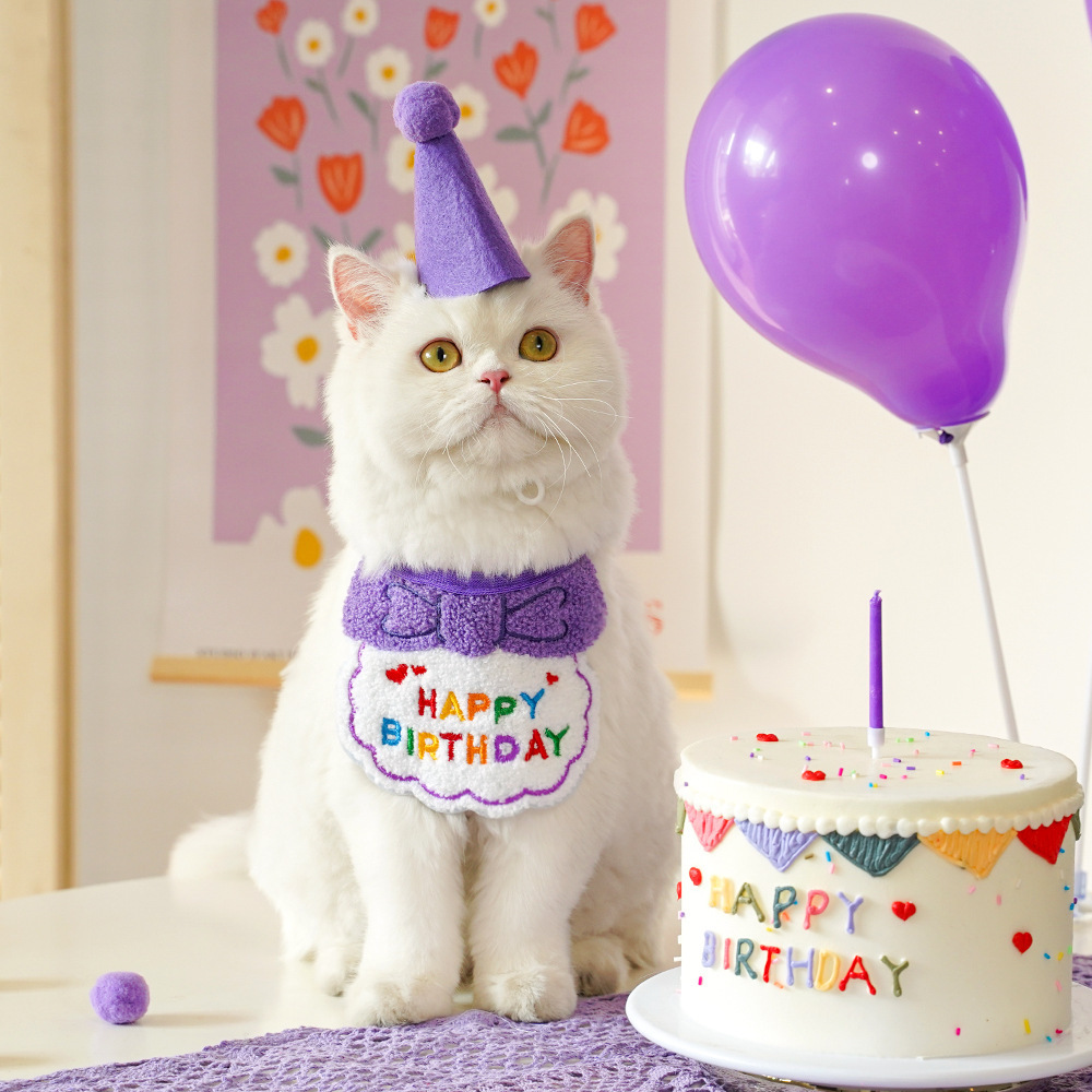 4-Pack Adorable Pet Dog Cat Birthday Party Hat & Bib Set(Purple & Dark-Blue)