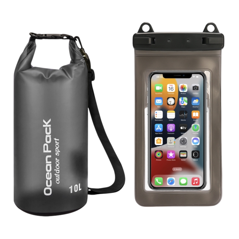Black 10L PVC Waterproof Swimming Bag Bonus with Waterproof Phone Pouch
