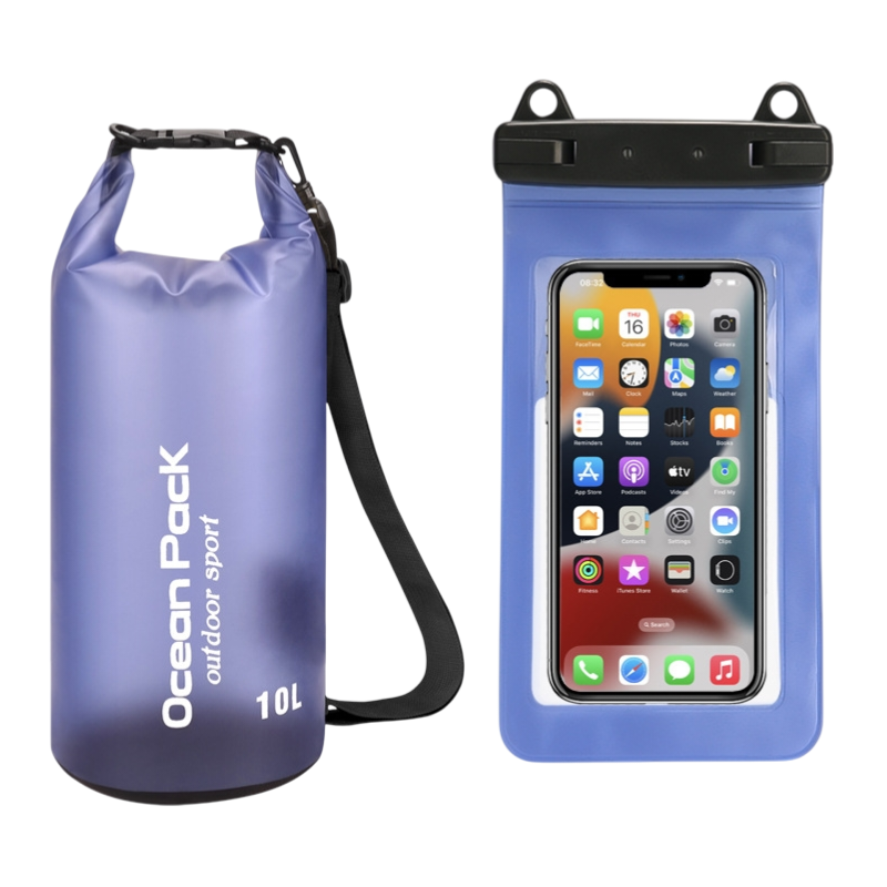 Blue Purple 10L PVC Waterproof Swimming Bag Bonus with Waterproof Phone Pouch