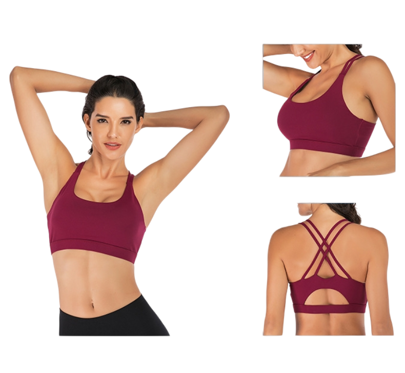 M Size Wine Red Elegant Sexy Criss-Cross Back Sports Bra for Women - High