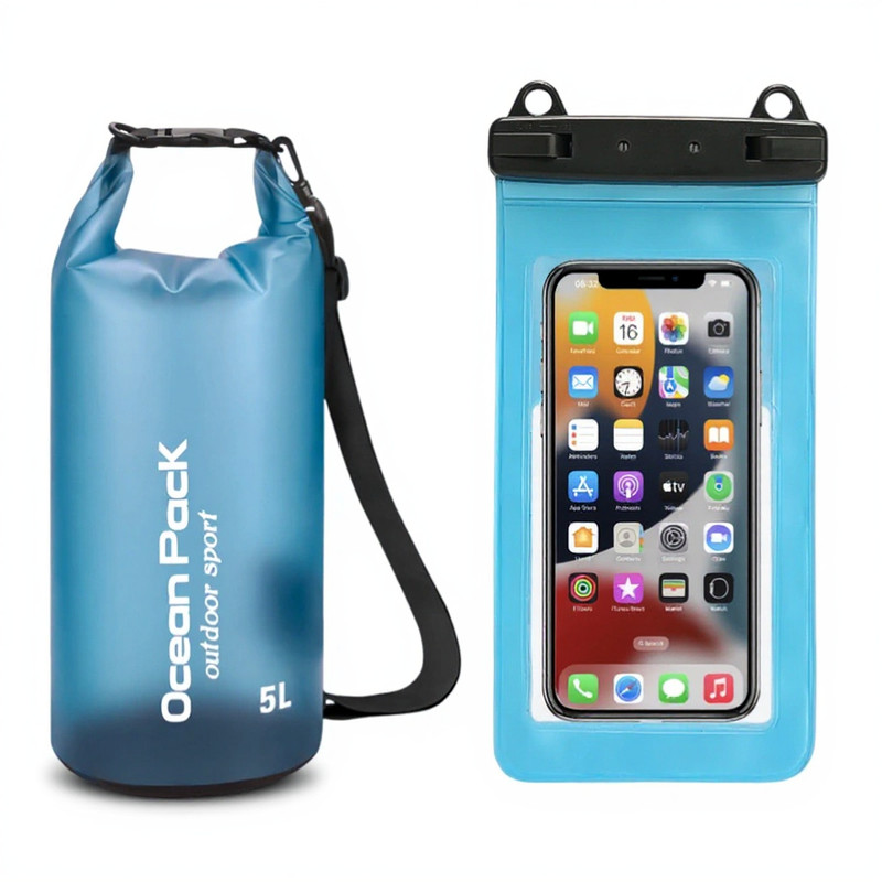 Blue 5L PVC Waterproof Swimming Bag Bonus with Waterproof Phone Pouch
