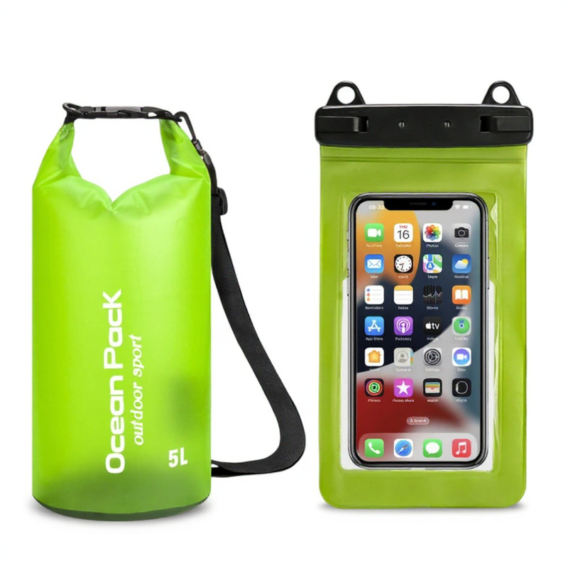 Light Green 5L PVC Waterproof Swimming Bag Bonus with Waterproof Phone Pouch