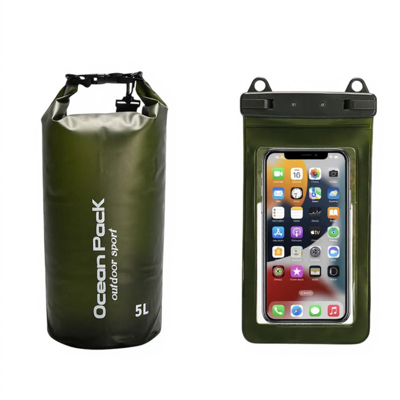 Dark Green 5L PVC Waterproof Swimming Bag Bonus with Waterproof Phone Pouch