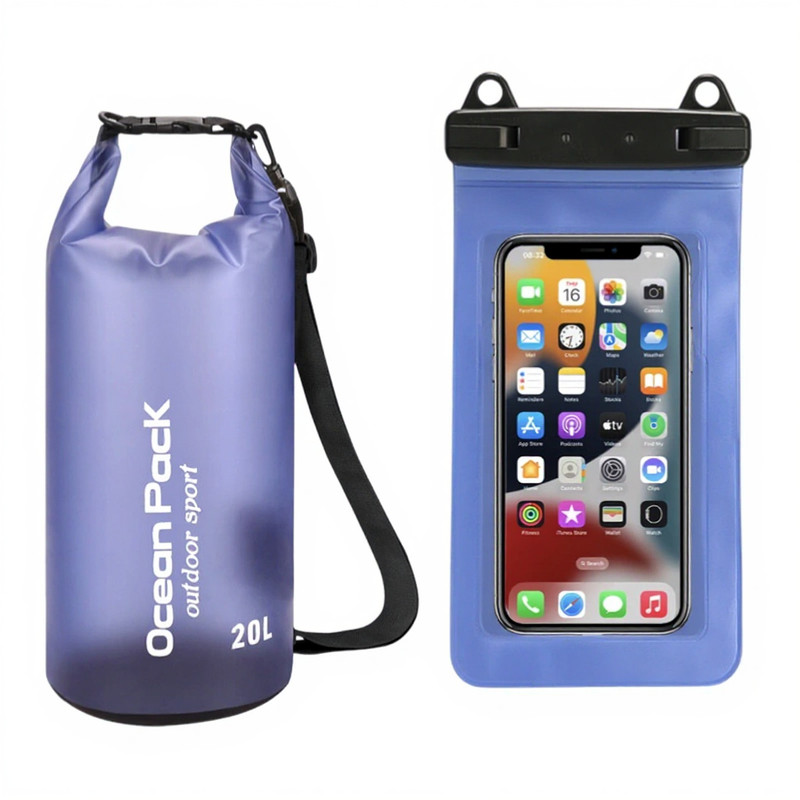 Blue Purple 20L PVC Waterproof Swimming Bag Bonus with Waterproof Phone Pouch