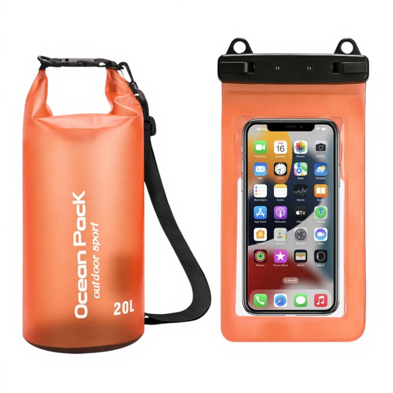Orange 20L PVC Waterproof Swimming Bag Bonus with Waterproof Phone Pouch