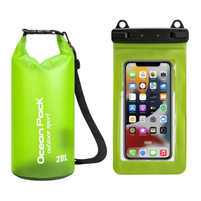 Light Green 20L PVC Waterproof Swimming Bag Bonus with Waterproof Phone Pouch