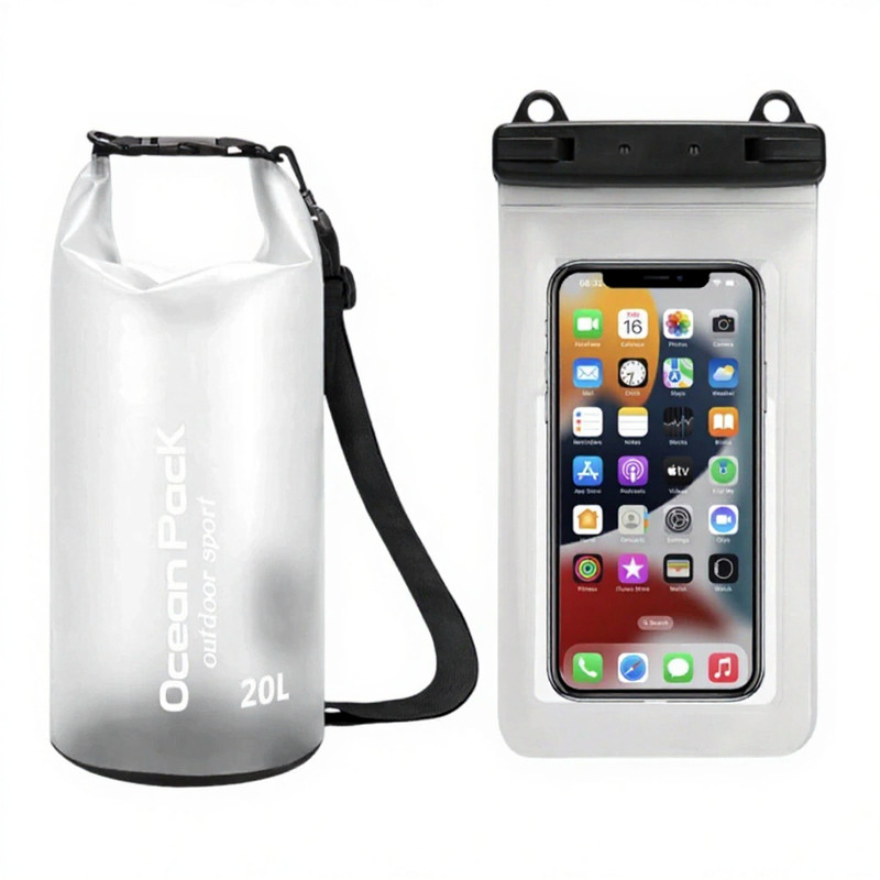 White 20L PVC Waterproof Swimming Bag Bonus with Waterproof Phone Pouch