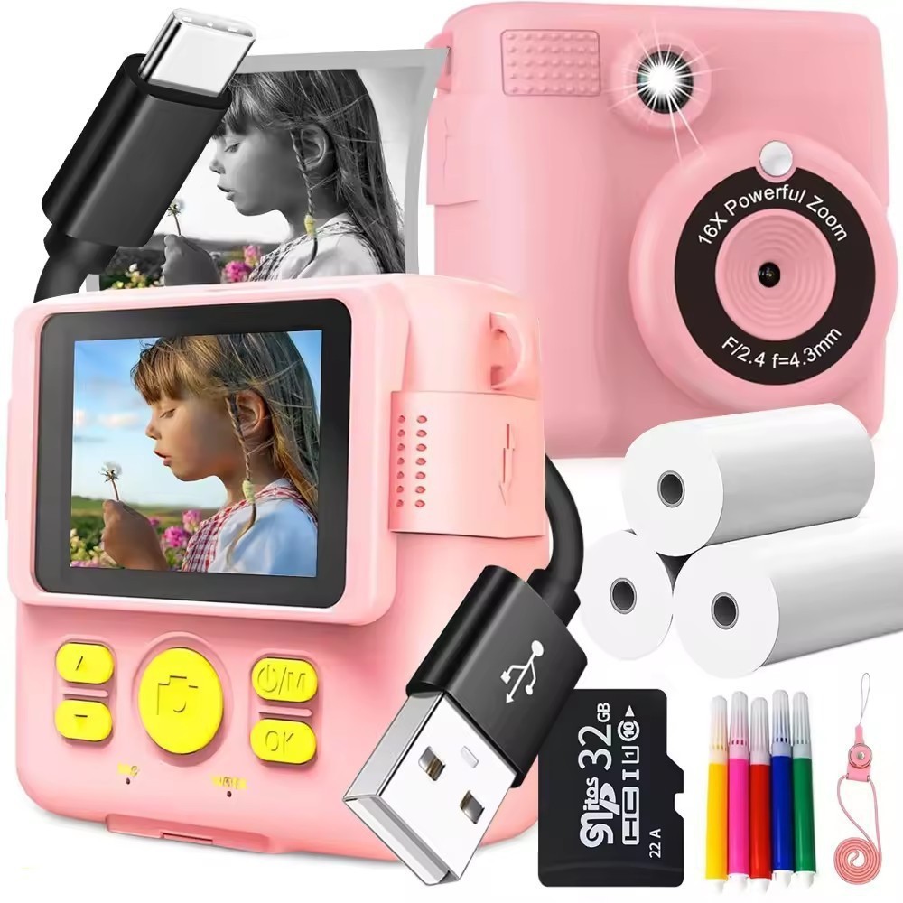 Pink ABS-681 Portable Kids Mini Digital Polaroid with 32GB Card